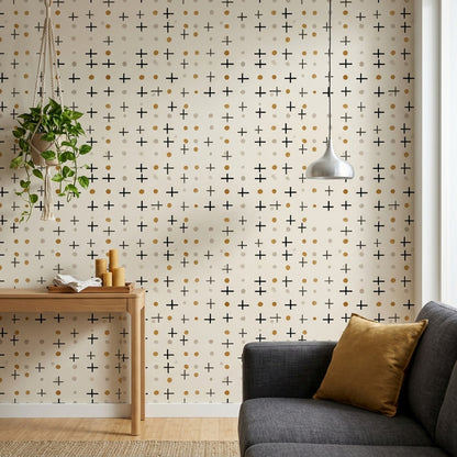 Artı ve Nokta Desenli Duvar Kağıdı Siyah Bej Banyo
