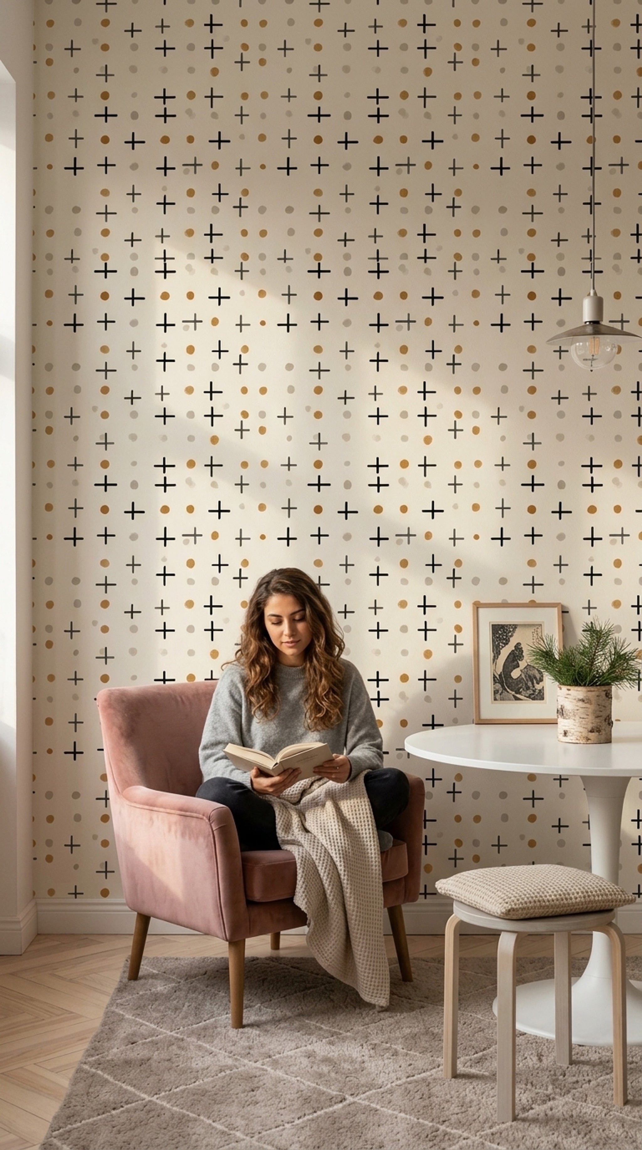 Artı ve Nokta Desenli Duvar Kağıdı Siyah Bej Banyo