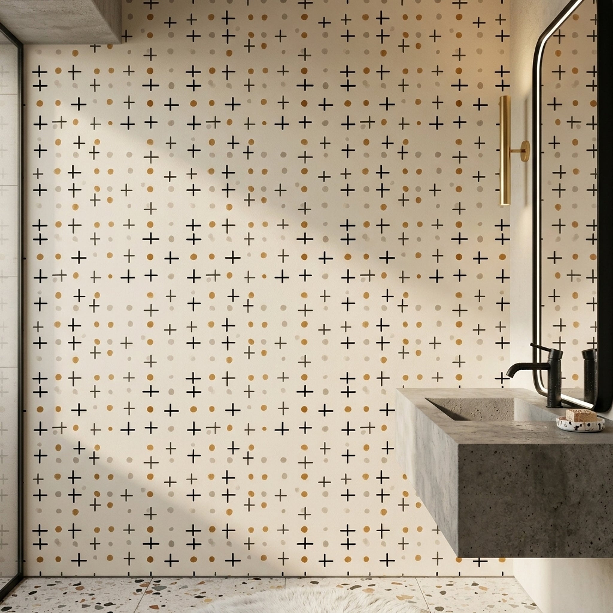 Artı ve Nokta Desenli Duvar Kağıdı Siyah Bej Banyo
