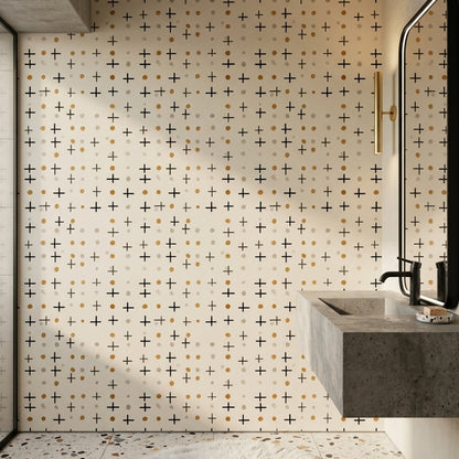 Artı ve Nokta Desenli Duvar Kağıdı Siyah Bej Banyo