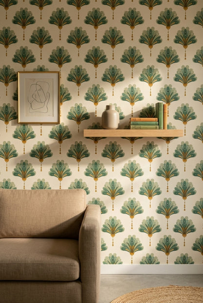 Art Deco Yelpaze Motifli Duvar Kağıdı Yeşil Krem Salon