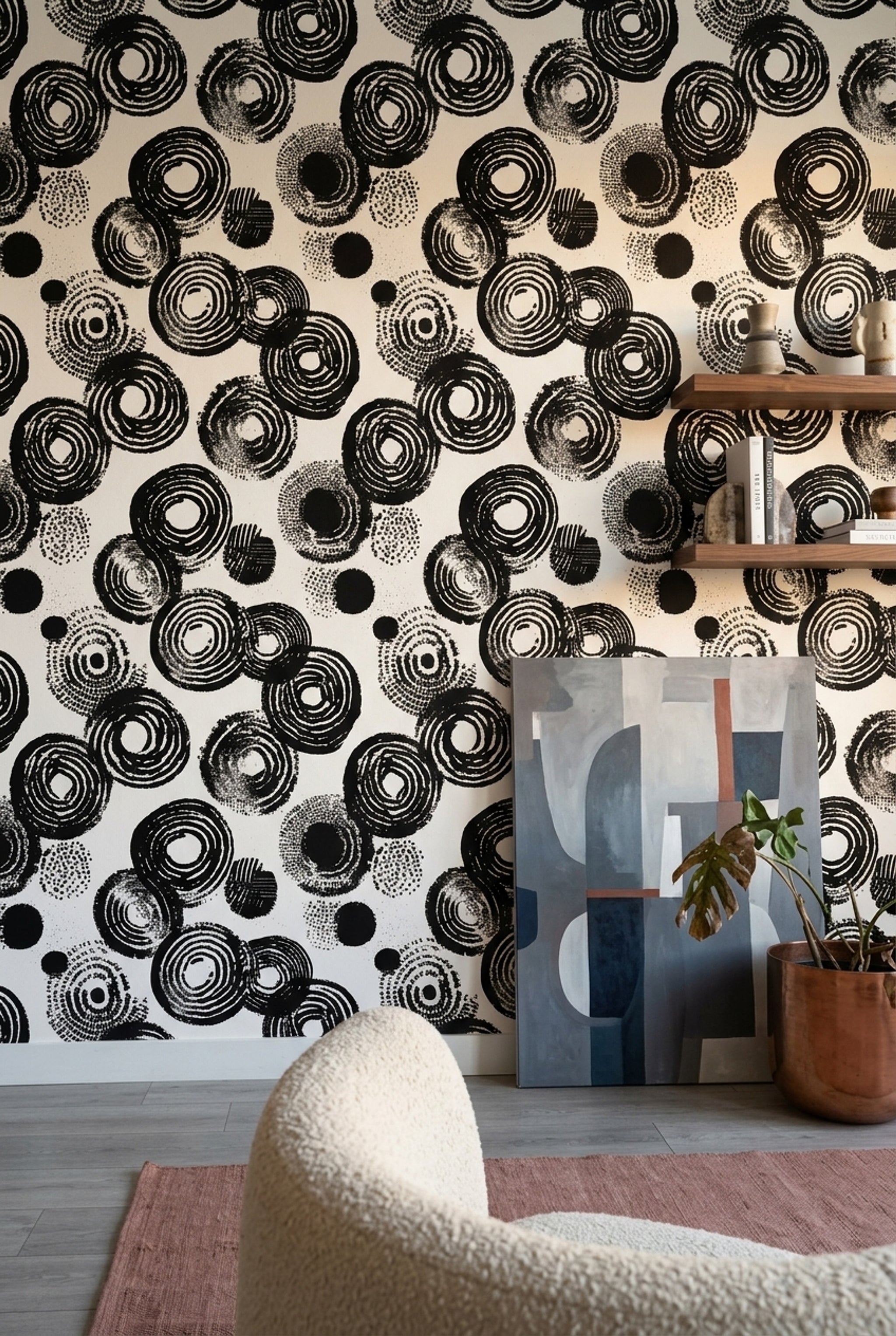 Siyah Beyaz Soyut Halkalı Duvar Kağıdı Modern Salon