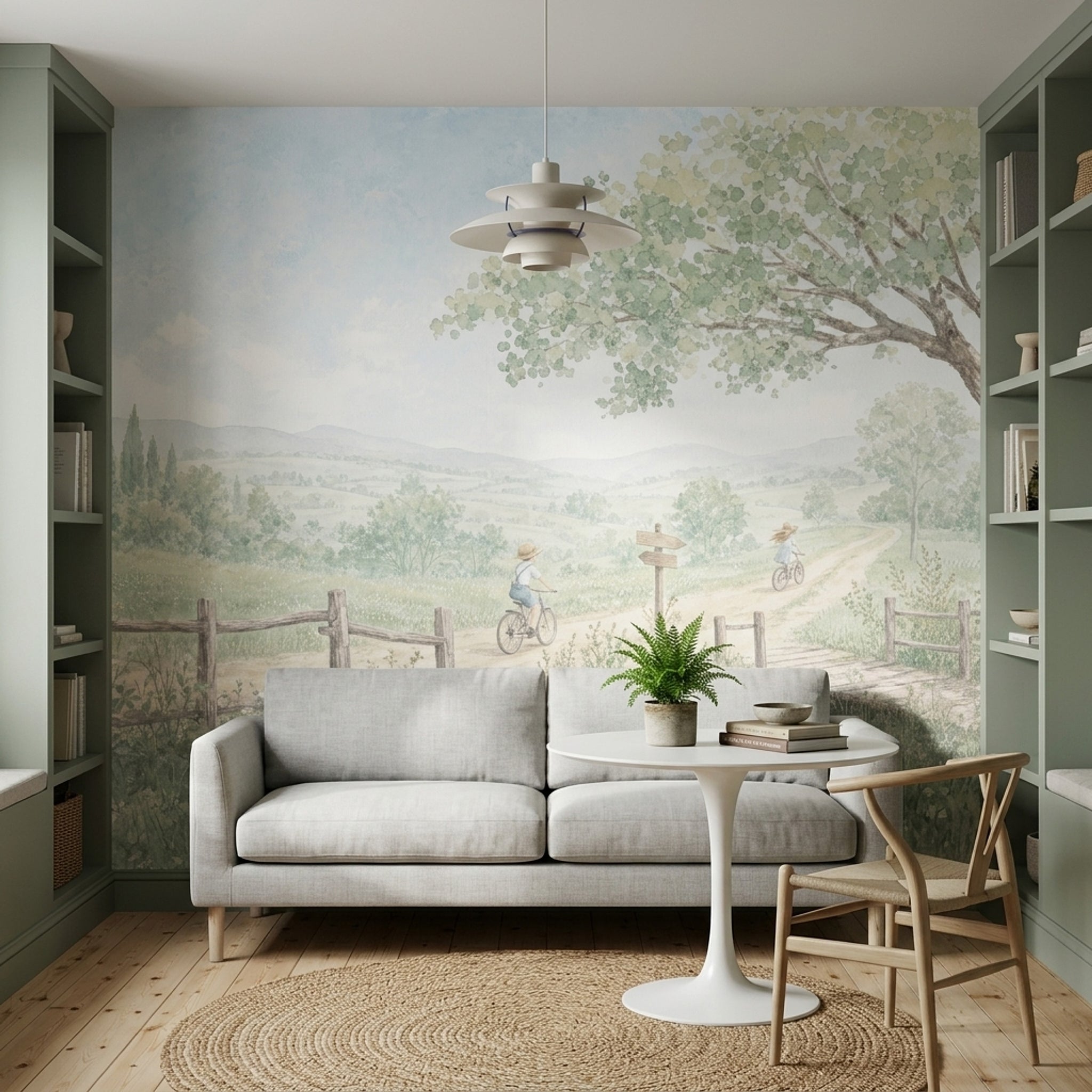 Pastoral Bisikletli Manzara Poster Duvar Kağıdı Yeşil Mavi Çocuk Odası