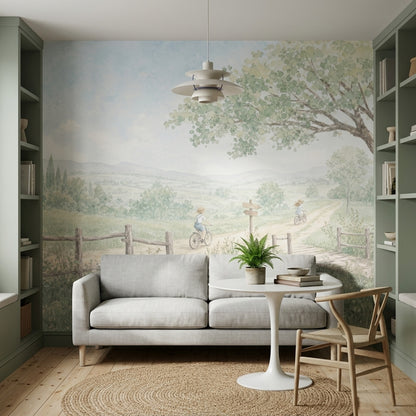 Pastoral Bisikletli Manzara Poster Duvar Kağıdı Yeşil Mavi Çocuk Odası