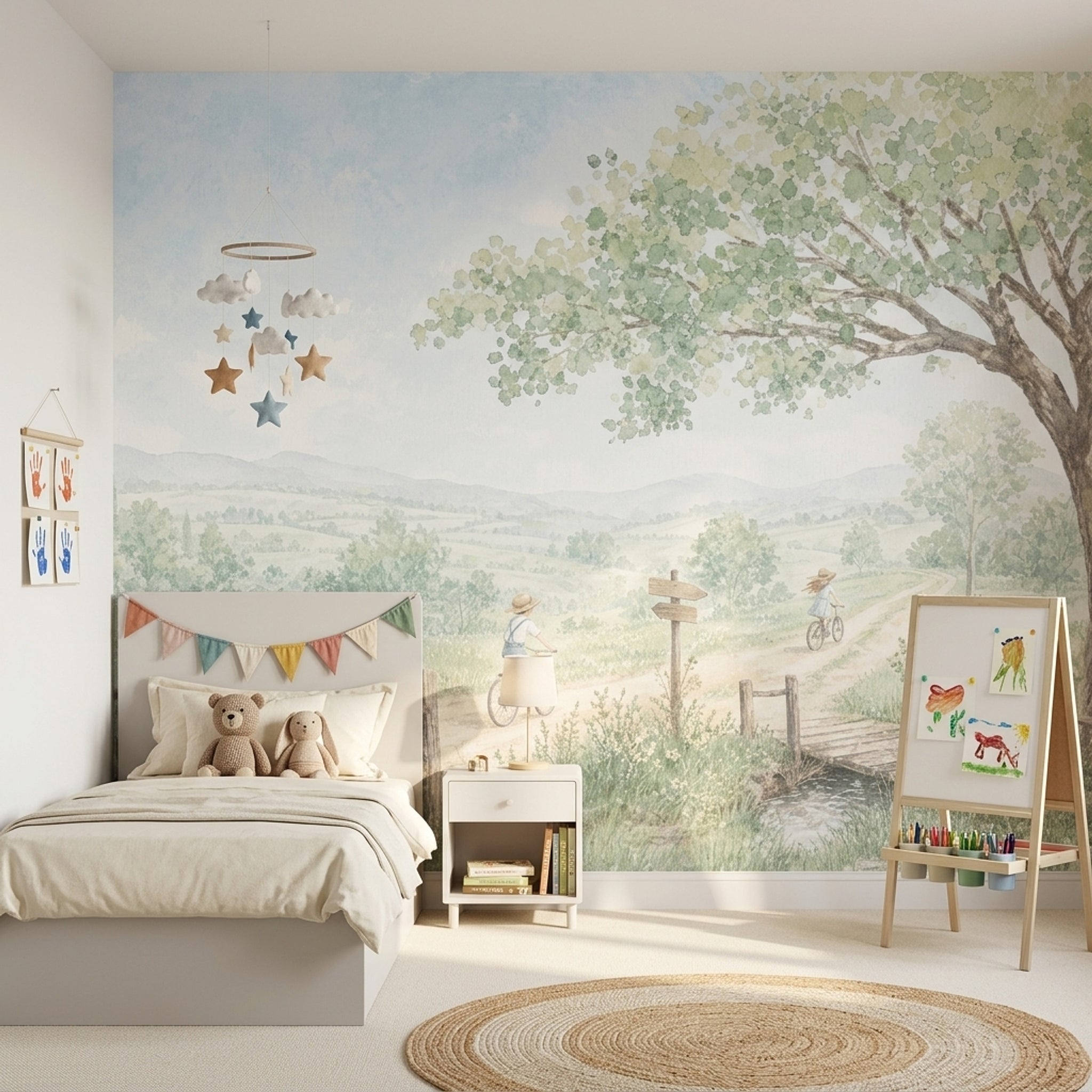 Pastoral Bisikletli Manzara Poster Duvar Kağıdı Yeşil Mavi Çocuk Odası