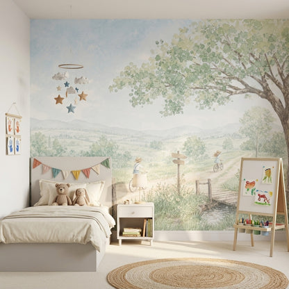 Pastoral Bisikletli Manzara Poster Duvar Kağıdı Yeşil Mavi Çocuk Odası