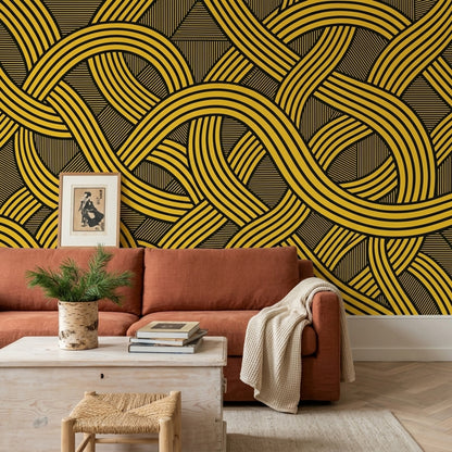 Geometrik Şeritli Poster Duvar Kağıdı Siyah Sarı Salon