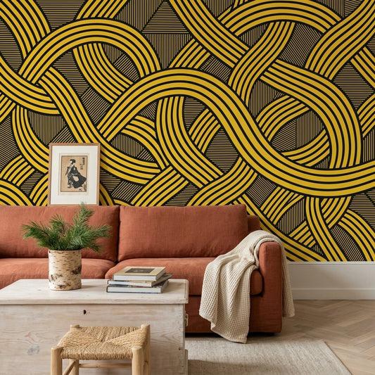 Geometrik Şeritli Poster Duvar Kağıdı Siyah Sarı Salon