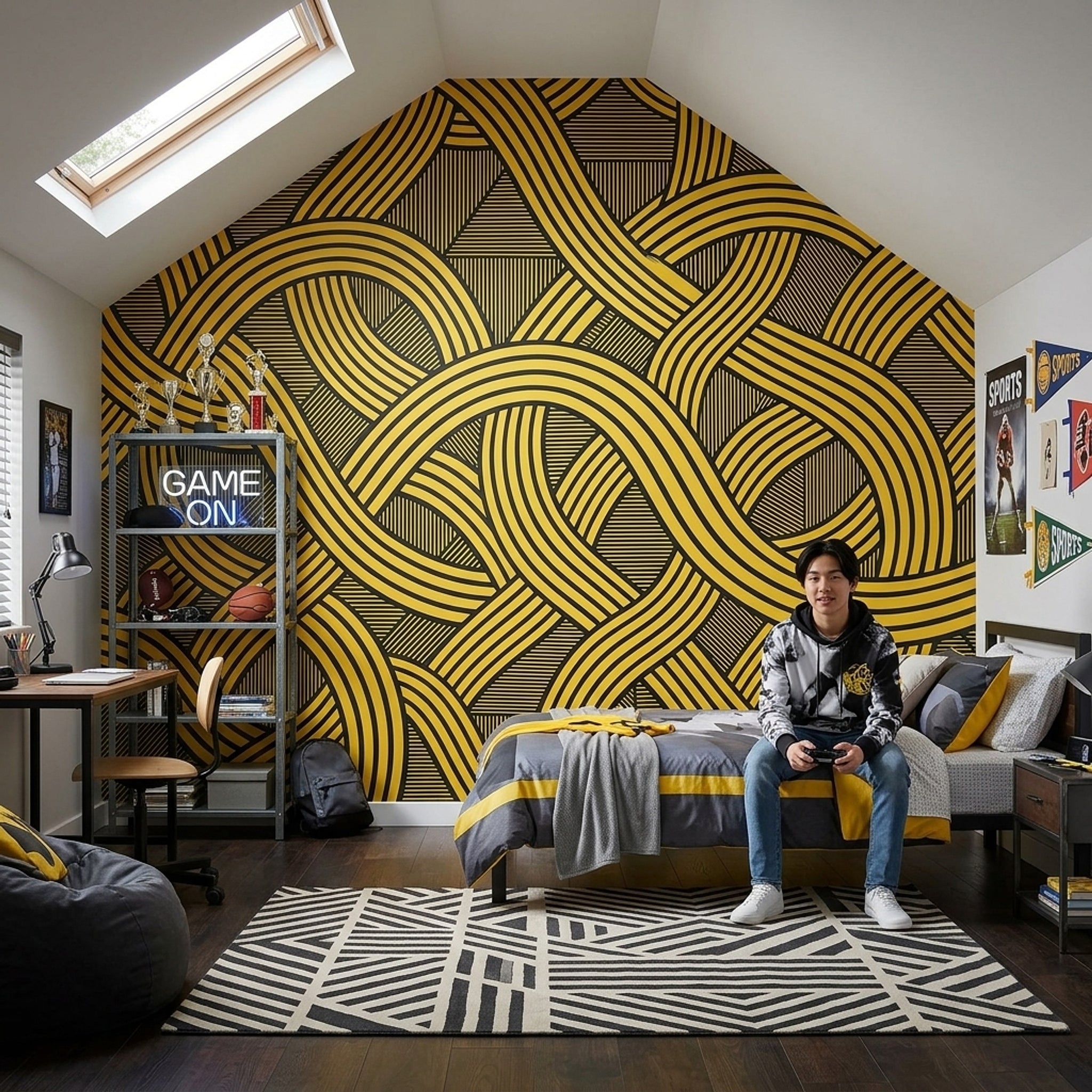 Geometrik Şeritli Poster Duvar Kağıdı Siyah Sarı Salon