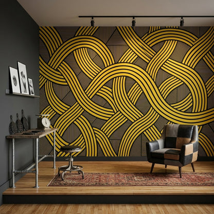 Geometrik Şeritli Poster Duvar Kağıdı Siyah Sarı Salon