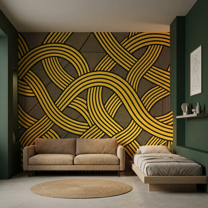 Geometrik Şeritli Poster Duvar Kağıdı Siyah Sarı Salon
