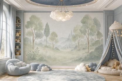 Sisli Orman Manzaralı Poster Duvar Kağıdı Pastel Yeşil Bebek Odası