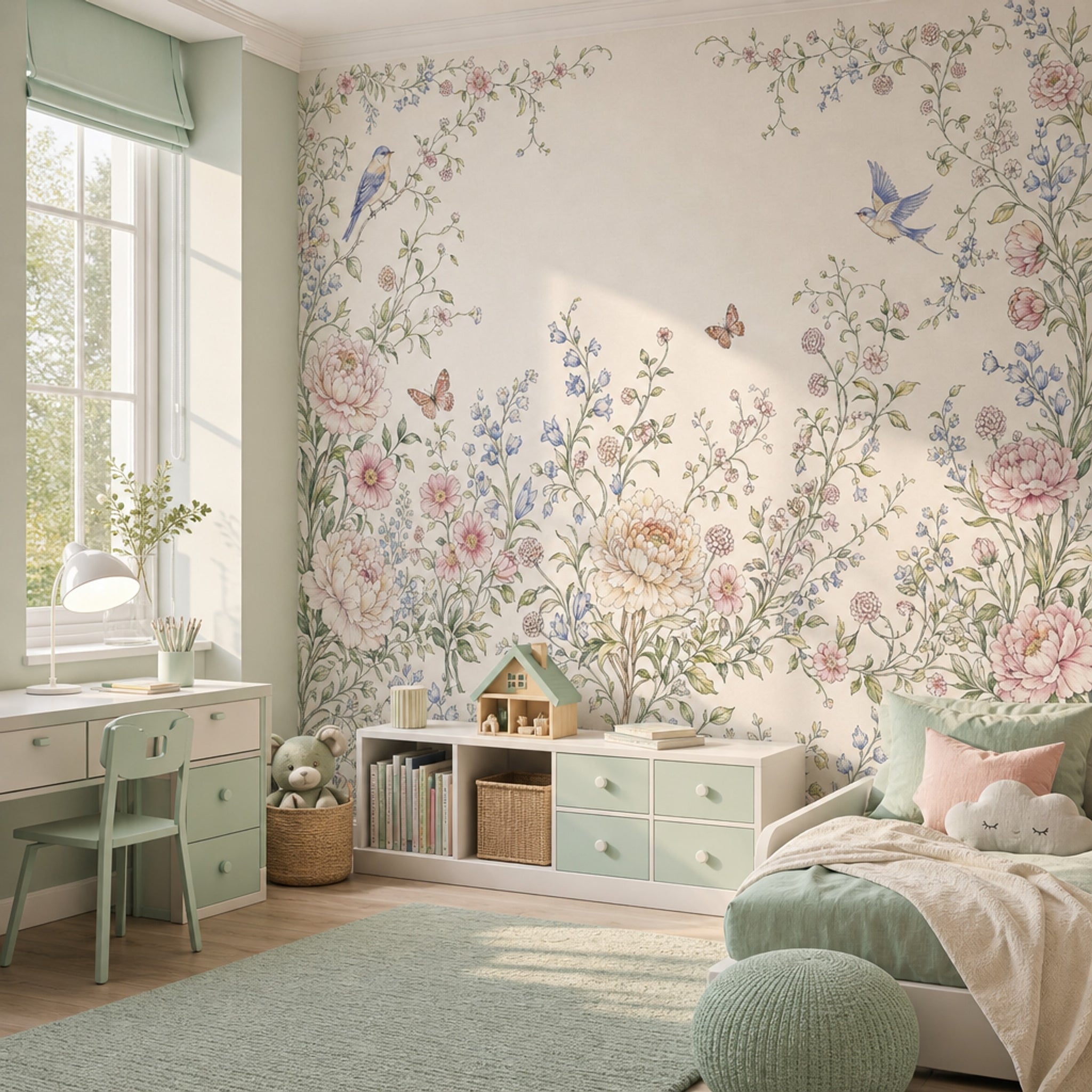 Kuşlu Çiçekli Poster Duvar Kağıdı Pastel Bebek Odası