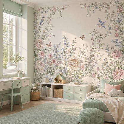 Kuşlu Çiçekli Poster Duvar Kağıdı Pastel Bebek Odası