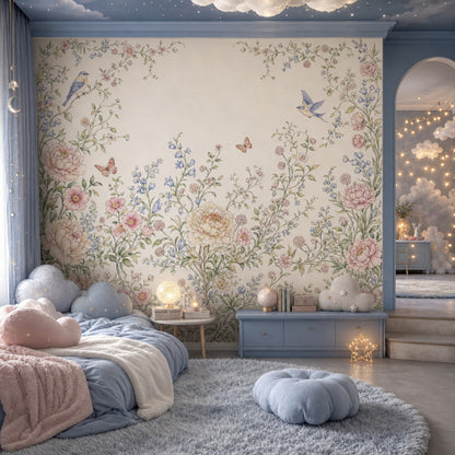 Kuşlu Çiçekli Poster Duvar Kağıdı Pastel Bebek Odası
