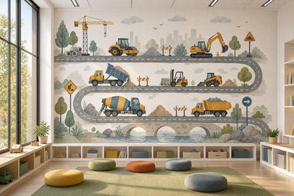 İnşaat Araçlı Poster Duvar Kağıdı Çocuk Odası Yol Desenli