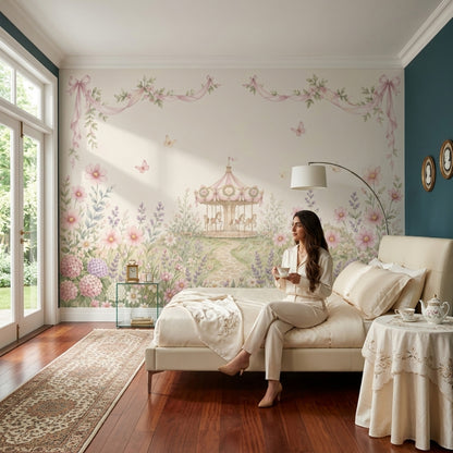 Çiçekli Atlıkarınca Poster Duvar Kağıdı Pastel Çocuk Odası