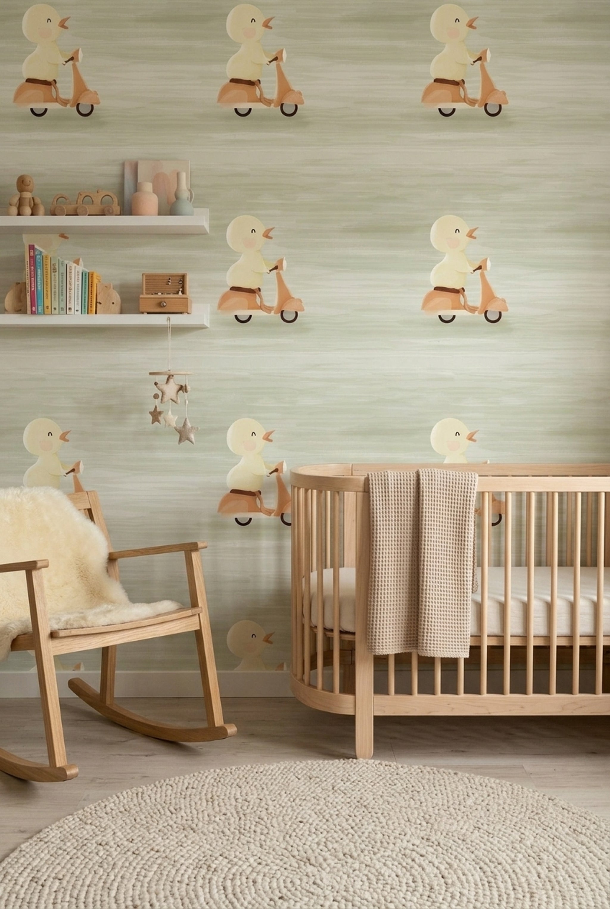 Scooterlı Sevimli Civciv Duvar Kağıdı Yeşil Bebek Odası