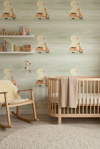 Scooterlı Sevimli Civciv Duvar Kağıdı Yeşil Bebek Odası