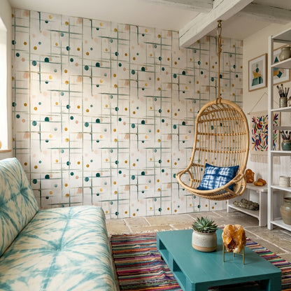 Geometrik Noktalı Duvar Kağıdı Mint Yeşili Salon Deseni