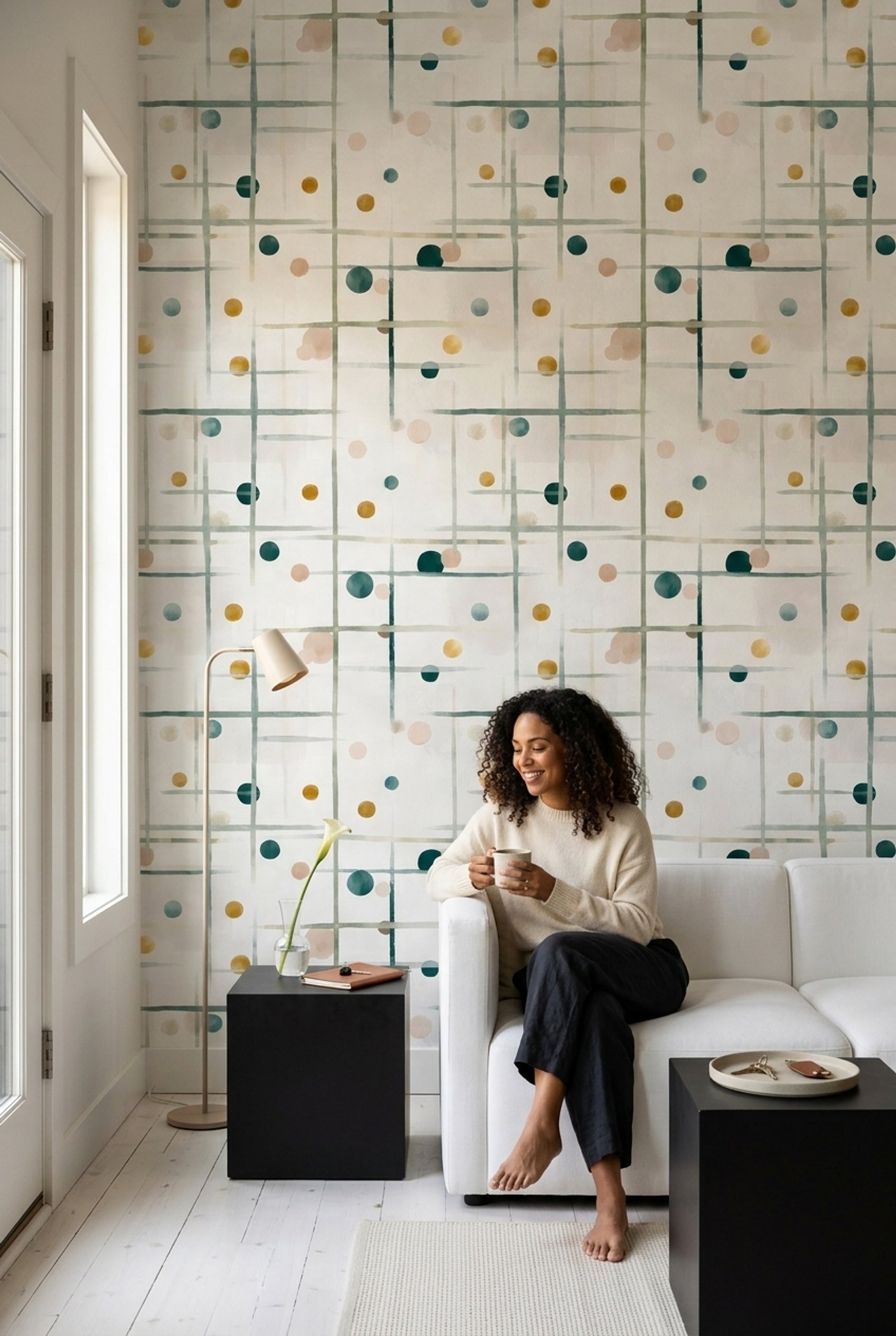 Geometrik Noktalı Duvar Kağıdı Mint Yeşili Salon Deseni
