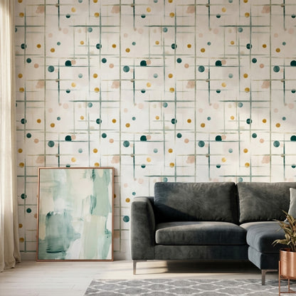 Geometrik Noktalı Duvar Kağıdı Mint Yeşili Salon Deseni