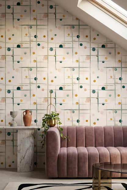 Geometrik Noktalı Duvar Kağıdı Mint Yeşili Salon Deseni
