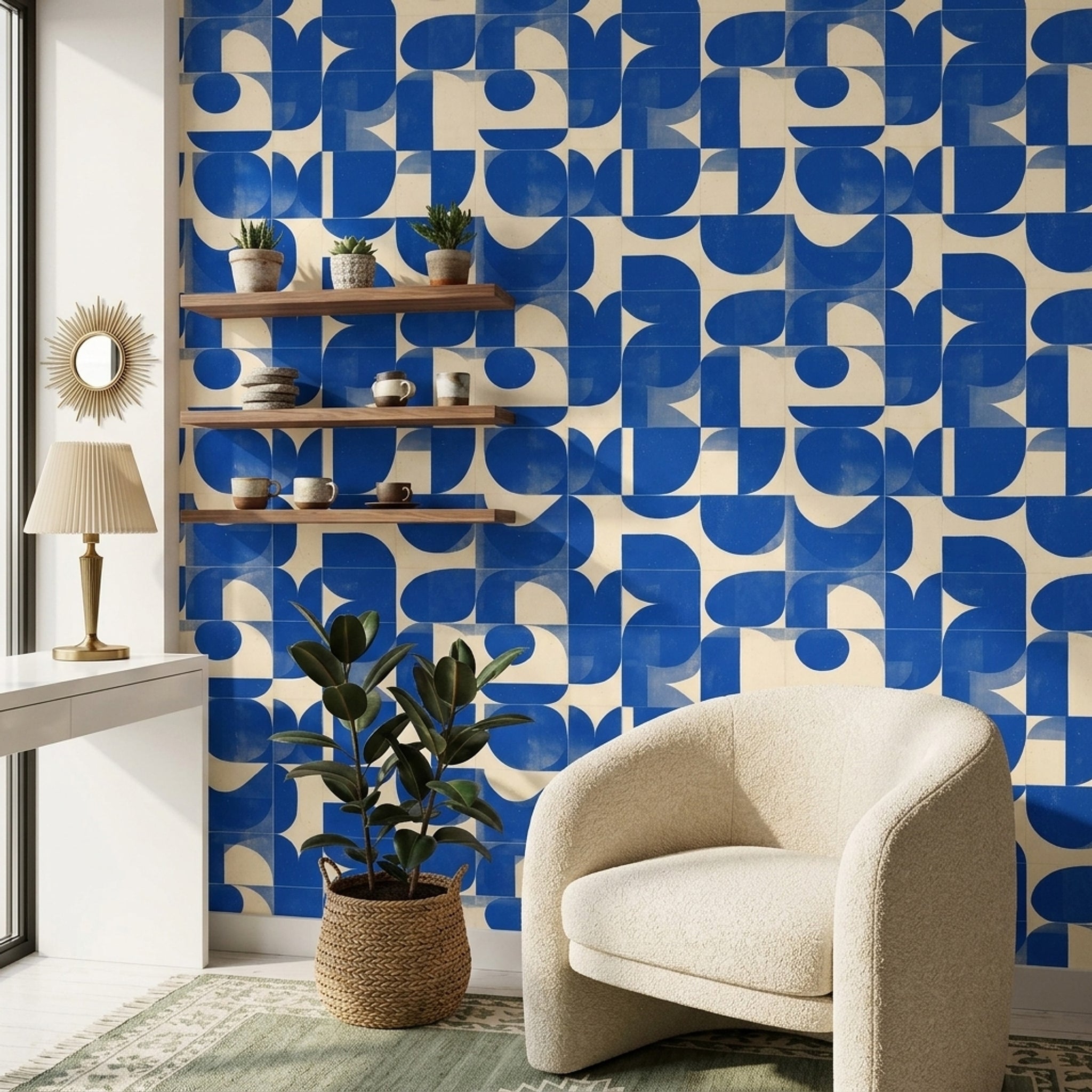 Geometrik Desenli Duvar Kağıdı Lacivert Krem Salon Duvarı