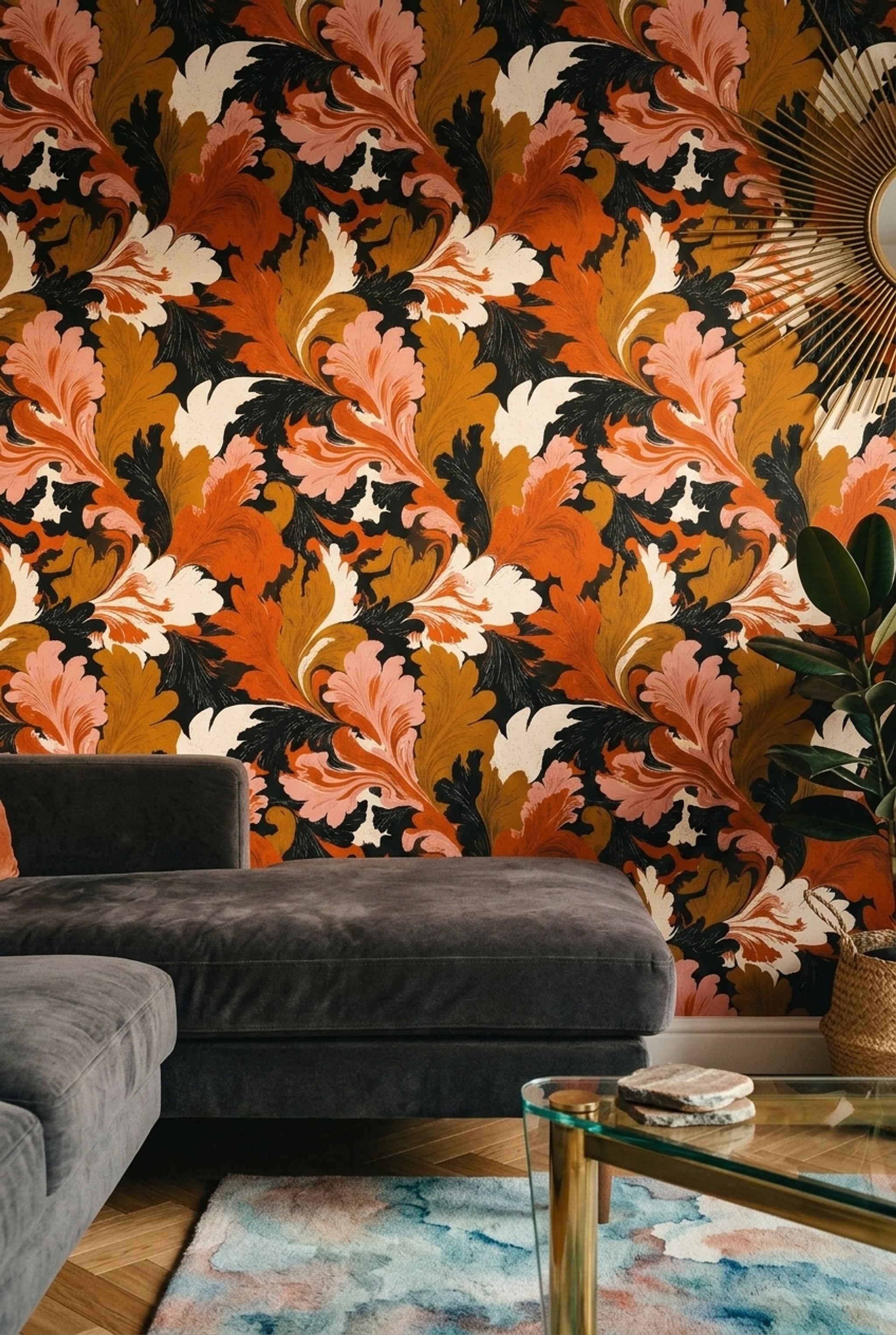 Retro Yaprak Desenli Duvar Kağıdı Turuncu Siyah Salon