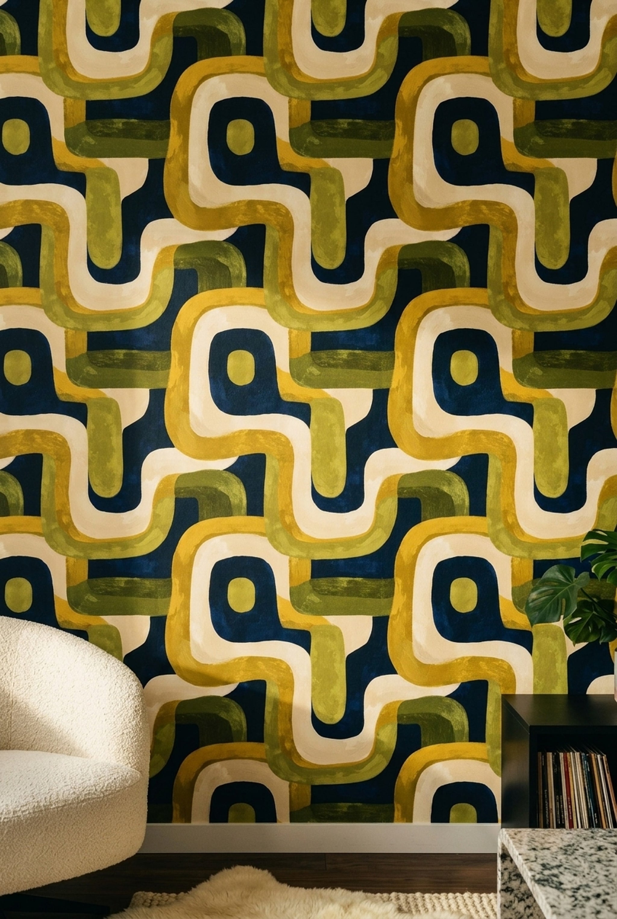 Retro Geometrik Duvar Kağıdı Lacivert Yeşil Salon Deseni