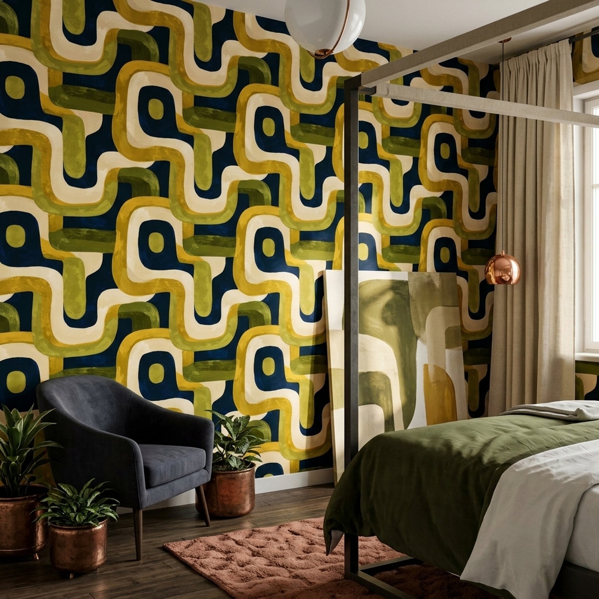 Retro Geometrik Duvar Kağıdı Lacivert Yeşil Salon Deseni