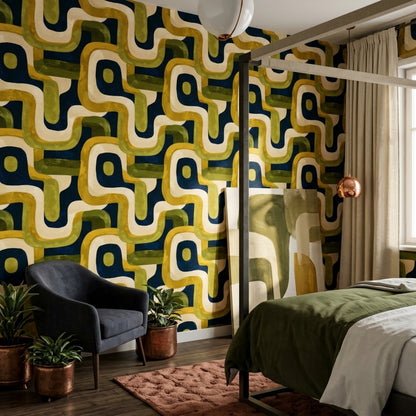 Retro Geometrik Duvar Kağıdı Lacivert Yeşil Salon Deseni
