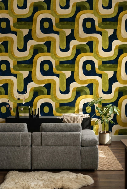 Retro Geometrik Duvar Kağıdı Lacivert Yeşil Salon Deseni