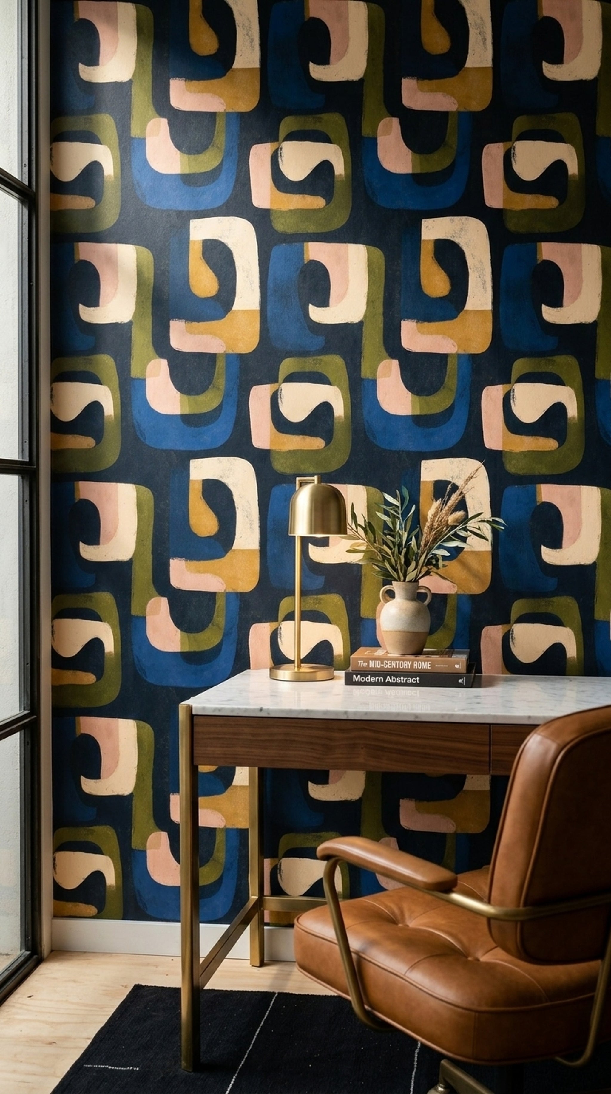 Retro Geometrik Duvar Kağıdı Lacivert Yeşil Desenli Salon