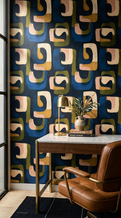 Retro Geometrik Duvar Kağıdı Lacivert Yeşil Desenli Salon
