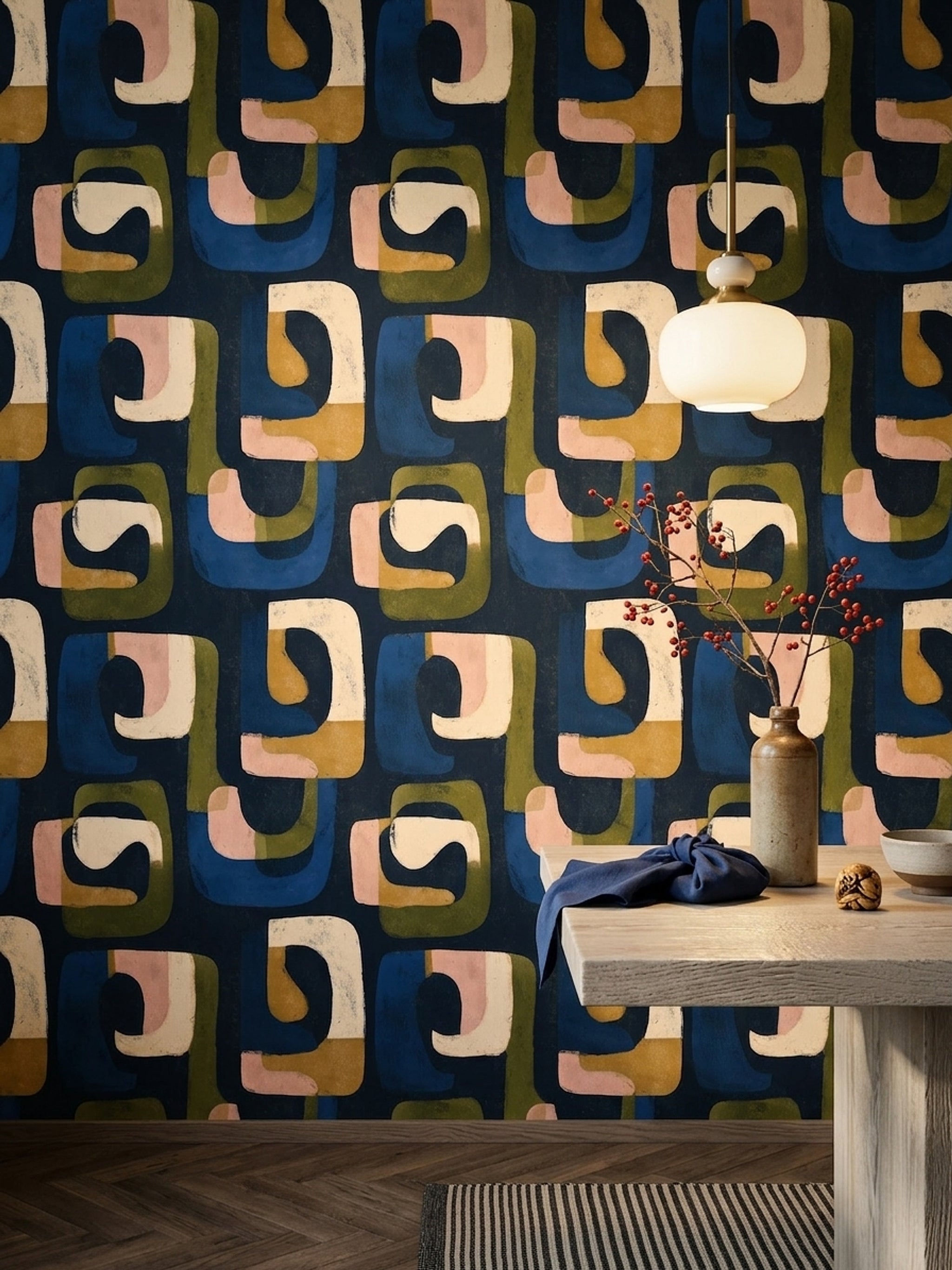 Retro Geometrik Duvar Kağıdı Lacivert Yeşil Desenli Salon