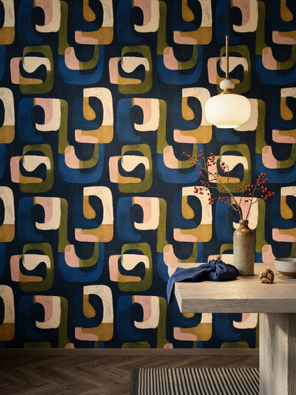 Retro Geometrik Duvar Kağıdı Lacivert Yeşil Desenli Salon