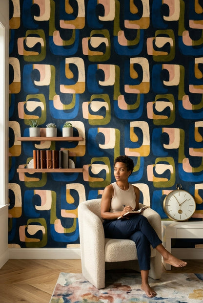 Retro Geometrik Duvar Kağıdı Lacivert Yeşil Desenli Salon