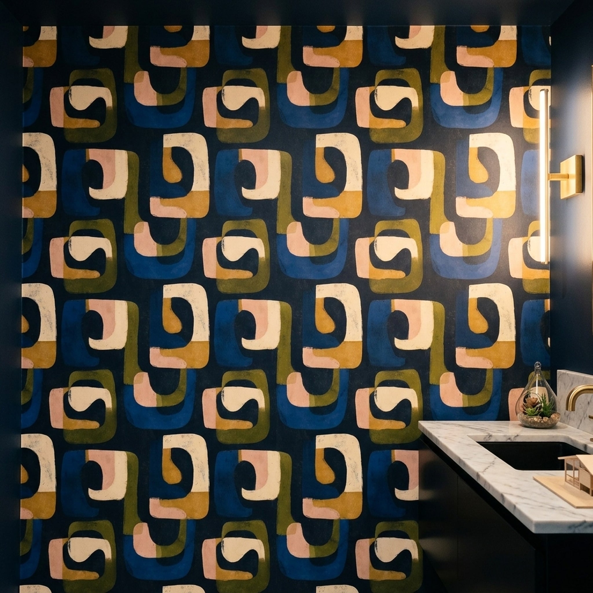 Retro Geometrik Duvar Kağıdı Lacivert Yeşil Desenli Salon