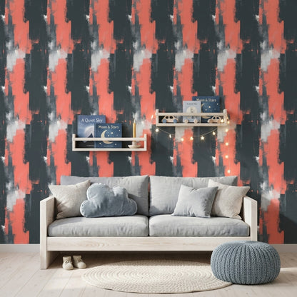 Soyut Fırça Darbeli Duvar Kağıdı Siyah Turuncu Modern