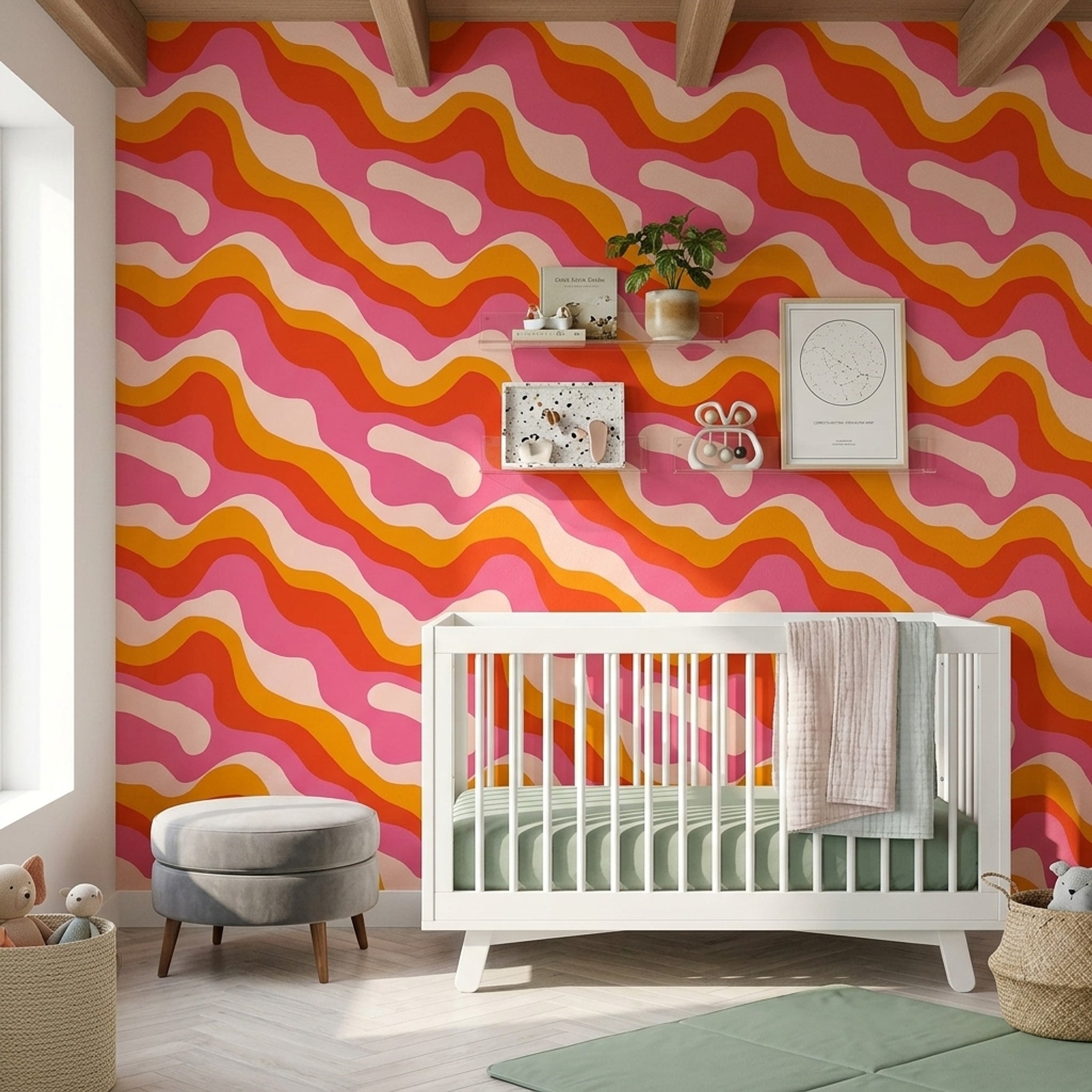 Retro Dalgalı Duvar Kağıdı Pembe Turuncu Çocuk Odası Deseni