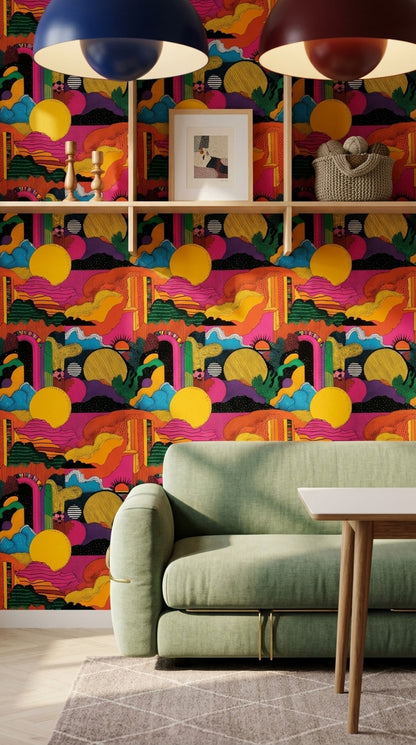 Renkli Soyut Manzara Duvar Kağıdı Retro Salon Deseni