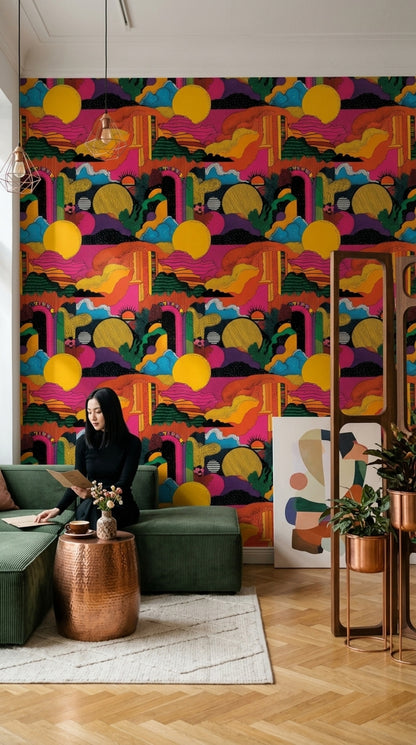 Renkli Soyut Manzara Duvar Kağıdı Retro Salon Deseni