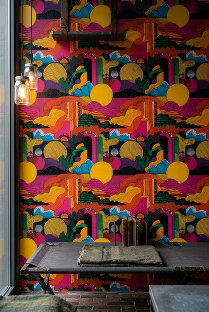 Renkli Soyut Manzara Duvar Kağıdı Retro Salon Deseni