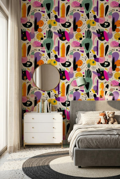 Renkli Soyut Desenli Duvar Kağıdı Modern Genç Odası