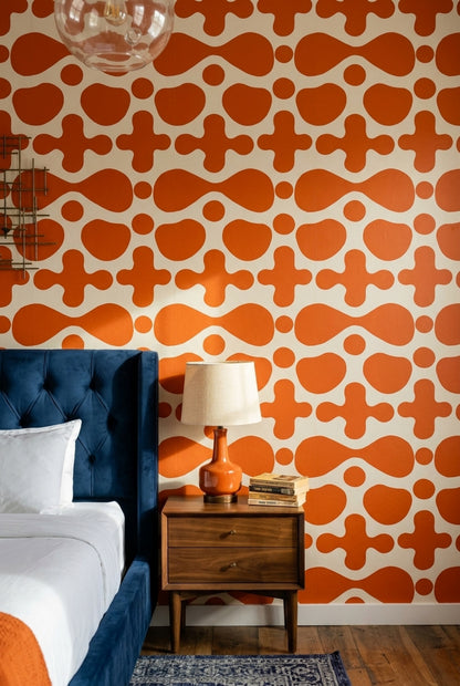 Turuncu Geometrik Duvar Kağıdı Retro Desenli Salon Dekoru