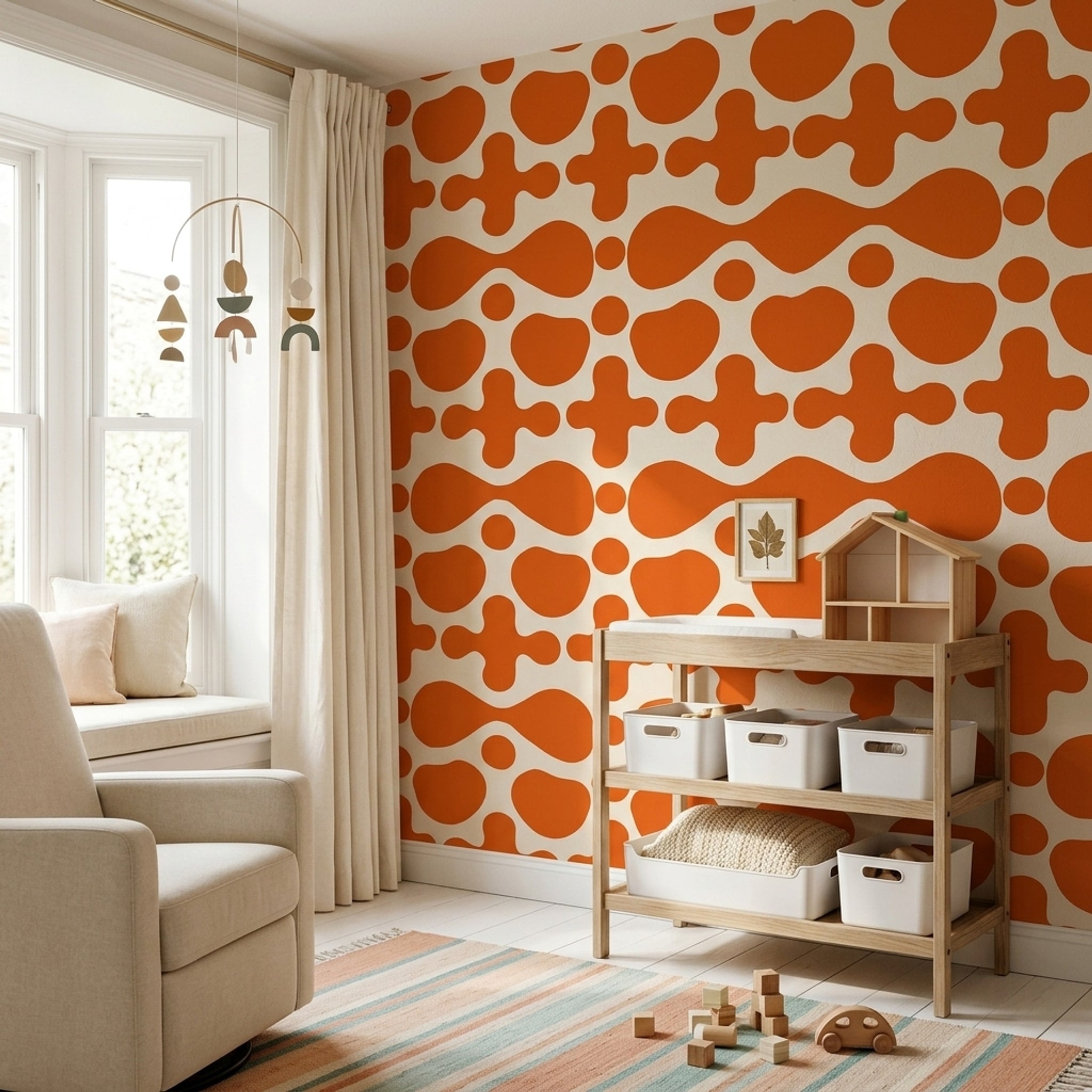 Turuncu Geometrik Duvar Kağıdı Retro Desenli Salon Dekoru