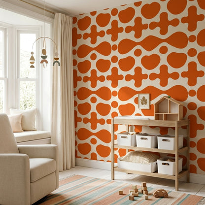 Turuncu Geometrik Duvar Kağıdı Retro Desenli Salon Dekoru