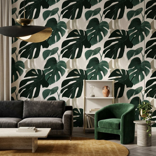Tropikal Monstera Yapraklı Duvar Kağıdı Yeşil Salon Desenli