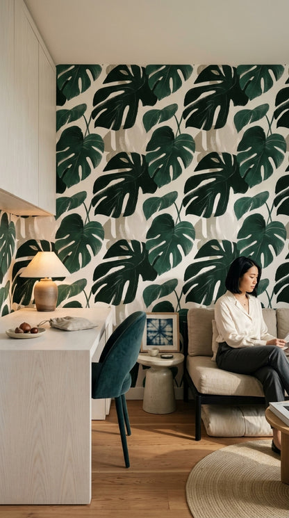 Tropikal Monstera Yapraklı Duvar Kağıdı Yeşil Salon Desenli